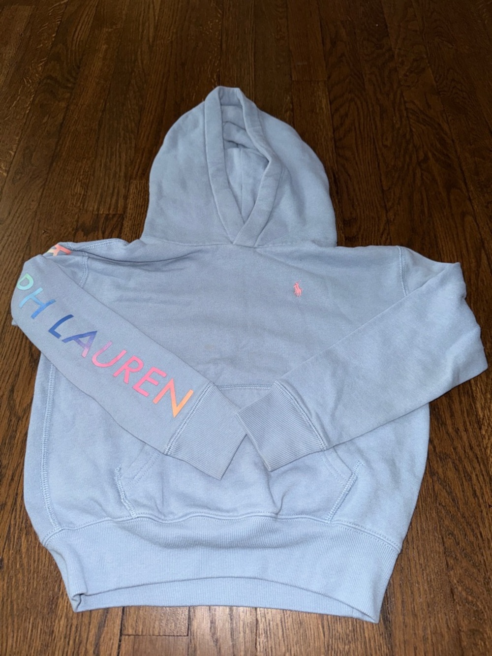 Polo by Ralph Lauren Pastel Blue Hoodie with Rainbow Sleeve Lettering